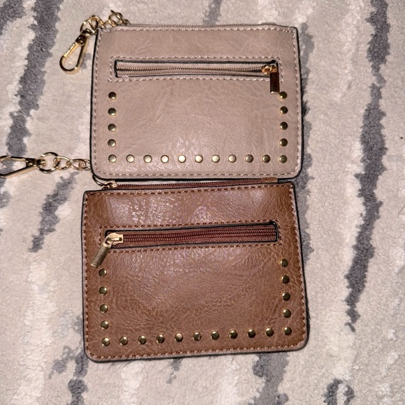 Vegan leather studded card/ change pouch with attachable chain Brown and Taupe - Picture 1 of 12